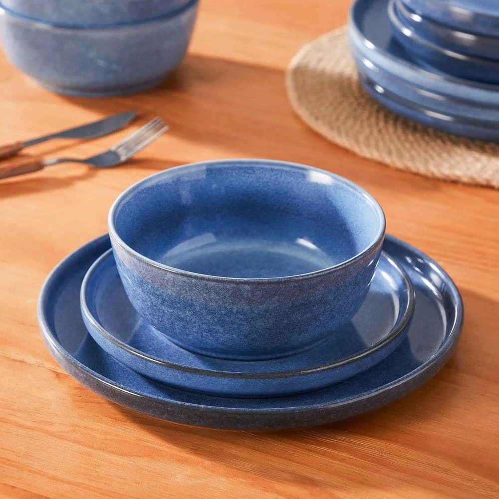 12-Piece Blue Stoneware Dinnerware Set (Service For 4) Glazed Tableware Set With Bowls And Plates For Kitchen Dining 6 12-Piece Blue Stoneware Dinnerware Set (Service For 4) Glazed Tableware Set With Bowls And Plates For Kitchen Dining - Image 4