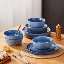 12-Piece Blue Stoneware Dinnerware Set (Service For 4) Glazed Tableware Set With Bowls And Plates For Kitchen Dining 22 12-Piece Blue Stoneware Dinnerware Set (Service For 4) Glazed Tableware Set With Bowls And Plates For Kitchen Dining -Vancasso Shop blue vancasso dinnerware sets vc anya bl 12 d4 1000