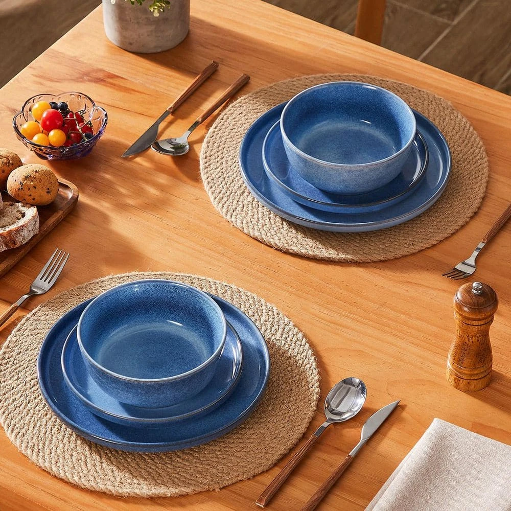12-Piece Blue Stoneware Dinnerware Set (Service For 4) Glazed Tableware Set With Bowls And Plates For Kitchen Dining 4 12-Piece Blue Stoneware Dinnerware Set (Service For 4) Glazed Tableware Set With Bowls And Plates For Kitchen Dining - Image 2