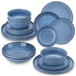 16-Piece Blue Stoneware Dinnerware Set (Service For 4) Glazed Tableware Set With Bowls And Plates For Kitchen Dining