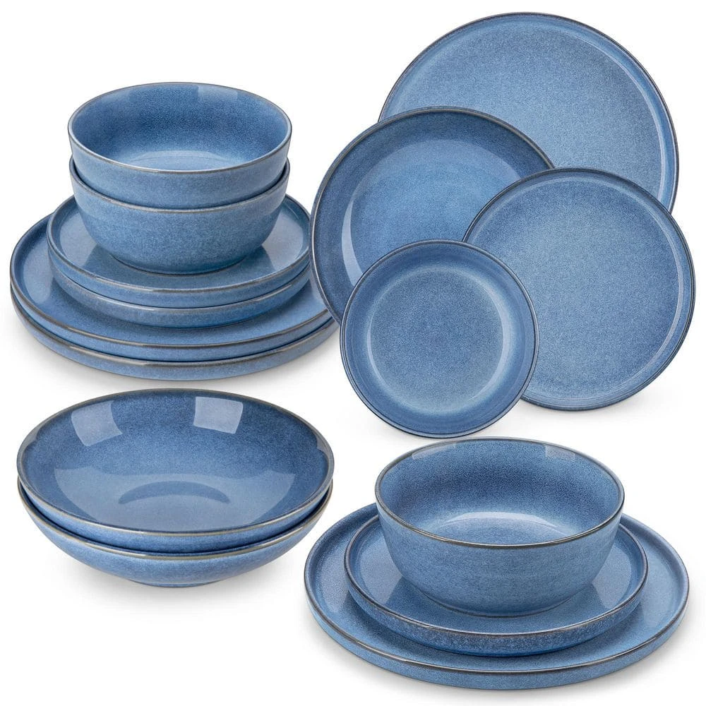 16-Piece Blue Stoneware Dinnerware Set (Service For 4) Glazed Tableware Set With Bowls And Plates For Kitchen Dining 3 16-Piece Blue Stoneware Dinnerware Set (Service For 4) Glazed Tableware Set With Bowls And Plates For Kitchen Dining