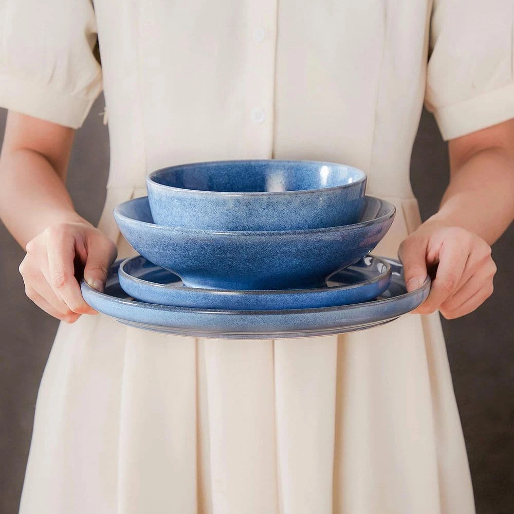 16-Piece Blue Stoneware Dinnerware Set (Service For 4) Glazed Tableware Set With Bowls And Plates For Kitchen Dining 12 16-Piece Blue Stoneware Dinnerware Set (Service For 4) Glazed Tableware Set With Bowls And Plates For Kitchen Dining - Image 10