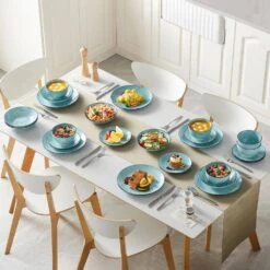 24-Piece Blue Stoneware Dinnerware Set (Service For 6) Bowls And Plates Dinner Set -Vancasso Shop blue vancasso dinnerware sets vc bonbon bl 24 1f 1000