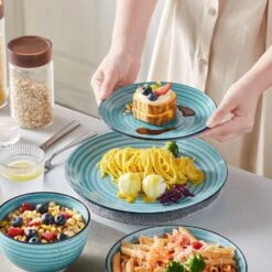 24-Piece Blue Stoneware Dinnerware Set (Service For 6) Bowls And Plates Dinner Set -Vancasso Shop blue vancasso dinnerware sets vc bonbon bl 24 31 1000