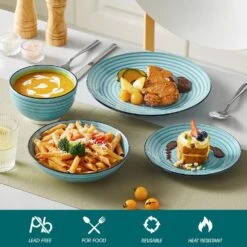 24-Piece Blue Stoneware Dinnerware Set (Service For 6) Bowls And Plates Dinner Set -Vancasso Shop blue vancasso dinnerware sets vc bonbon bl 24 44 1000