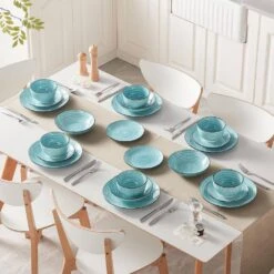 24-Piece Blue Stoneware Dinnerware Set (Service For 6) Bowls And Plates Dinner Set -Vancasso Shop blue vancasso dinnerware sets vc bonbon bl 24 4f 1000