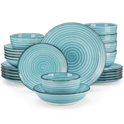 24-Piece Blue Stoneware Dinnerware Set (Service For 6) Bowls And Plates Dinner Set