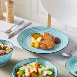 24-Piece Blue Stoneware Dinnerware Set (Service For 6) Bowls And Plates Dinner Set -Vancasso Shop blue vancasso dinnerware sets vc bonbon bl 24 66 1000