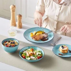 24-Piece Blue Stoneware Dinnerware Set (Service For 6) Bowls And Plates Dinner Set -Vancasso Shop blue vancasso dinnerware sets vc bonbon bl 24 76 1000