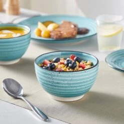 24-Piece Blue Stoneware Dinnerware Set (Service For 6) Bowls And Plates Dinner Set -Vancasso Shop blue vancasso dinnerware sets vc bonbon bl 24 d4 1000