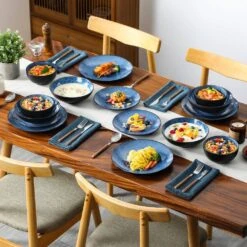 16-Piece Blue Stoneware Dinnerware Set (Service Set For 4) Bowls And Plates Dinner Set 24 16-Piece Blue Stoneware Dinnerware Set (Service Set For 4) Bowls And Plates Dinner Set -Vancasso Shop blue vancasso dinnerware sets vc bubble b 16t 1f 1000