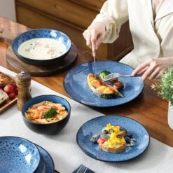 16-Piece Blue Stoneware Dinnerware Set (Service Set For 4) Bowls And Plates Dinner Set 29 16-Piece Blue Stoneware Dinnerware Set (Service Set For 4) Bowls And Plates Dinner Set -Vancasso Shop blue vancasso dinnerware sets vc bubble b 16t 31 1000