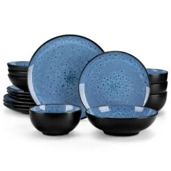 16-Piece Blue Stoneware Dinnerware Set (Service Set For 4) Bowls And Plates Dinner Set