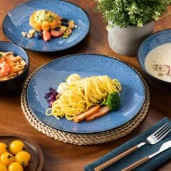 16-Piece Blue Stoneware Dinnerware Set (Service Set For 4) Bowls And Plates Dinner Set 20 16-Piece Blue Stoneware Dinnerware Set (Service Set For 4) Bowls And Plates Dinner Set -Vancasso Shop blue vancasso dinnerware sets vc bubble b 16t 66 1000