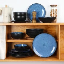 16-Piece Blue Stoneware Dinnerware Set (Service Set For 4) Bowls And Plates Dinner Set 21 16-Piece Blue Stoneware Dinnerware Set (Service Set For 4) Bowls And Plates Dinner Set -Vancasso Shop blue vancasso dinnerware sets vc bubble b 16t 77 1000