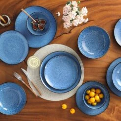 16-Piece Blue Stoneware Dinnerware Set (Service Set For 4) Bowls And Plates Dinner Set 18 16-Piece Blue Stoneware Dinnerware Set (Service Set For 4) Bowls And Plates Dinner Set -Vancasso Shop blue vancasso dinnerware sets vc bubble b 16t a0 1000