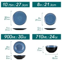 16-Piece Blue Stoneware Dinnerware Set (Service Set For 4) Bowls And Plates Dinner Set 22 16-Piece Blue Stoneware Dinnerware Set (Service Set For 4) Bowls And Plates Dinner Set -Vancasso Shop blue vancasso dinnerware sets vc bubble b 16t c3 1000