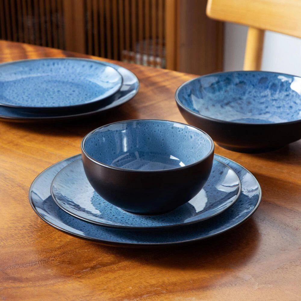 16-Piece Blue Stoneware Dinnerware Set (Service Set For 4) Bowls And Plates Dinner Set 4 16-Piece Blue Stoneware Dinnerware Set (Service Set For 4) Bowls And Plates Dinner Set - Image 2