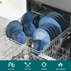 16-Piece Blue Stoneware Dinnerware Set (Service Set For 4) Bowls And Plates Dinner Set 26 16-Piece Blue Stoneware Dinnerware Set (Service Set For 4) Bowls And Plates Dinner Set -Vancasso Shop blue vancasso dinnerware sets vc bubble b 16t fa 1000