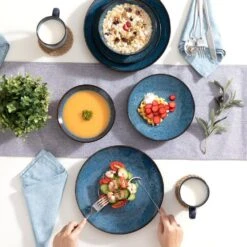 16-Piece Blue Stoneware Dinnerware Set Service For 4 Tableware Set With Plates Bowls And Mugs -Vancasso Shop blue vancasso dinnerware sets vc bubble b sl 31 1000