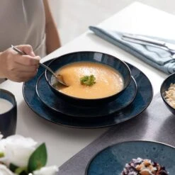 16-Piece Blue Stoneware Dinnerware Set Service For 4 Tableware Set With Plates Bowls And Mugs -Vancasso Shop blue vancasso dinnerware sets vc bubble b sl 44 1000