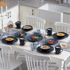 16-Piece Blue Stoneware Dinnerware Set Service For 4 Tableware Set With Plates Bowls And Mugs -Vancasso Shop blue vancasso dinnerware sets vc bubble b sl 4f 1000