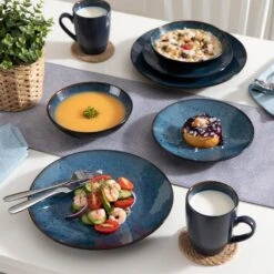 16-Piece Blue Stoneware Dinnerware Set Service For 4 Tableware Set With Plates Bowls And Mugs -Vancasso Shop blue vancasso dinnerware sets vc bubble b sl 76 1000