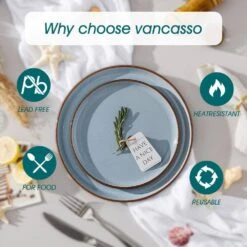 18-Piece Blue Stoneware Dinnerware Set (Service For 6) Sesame Speckles Pattern Dinner Plates Dessert Plates And Bowls 17 18-Piece Blue Stoneware Dinnerware Set (Service For 6) Sesame Speckles Pattern Dinner Plates Dessert Plates And Bowls -Vancasso Shop blue vancasso dinnerware sets vc loire bl 18 1f 1000