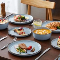 18-Piece Blue Stoneware Dinnerware Set (Service For 6) Sesame Speckles Pattern Dinner Plates Dessert Plates And Bowls 21 18-Piece Blue Stoneware Dinnerware Set (Service For 6) Sesame Speckles Pattern Dinner Plates Dessert Plates And Bowls -Vancasso Shop blue vancasso dinnerware sets vc loire bl 18 31 1000