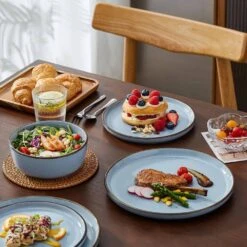18-Piece Blue Stoneware Dinnerware Set (Service For 6) Sesame Speckles Pattern Dinner Plates Dessert Plates And Bowls 20 18-Piece Blue Stoneware Dinnerware Set (Service For 6) Sesame Speckles Pattern Dinner Plates Dessert Plates And Bowls -Vancasso Shop blue vancasso dinnerware sets vc loire bl 18 76 1000