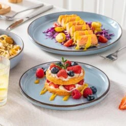 16-Piece Blue Stoneware Dinnerware Set (Service For 4) Sesame Speckles Pattern Dinner Set With Plates And Bowls -Vancasso Shop blue vancasso dinnerware sets vc loire bl sl 1d 1000