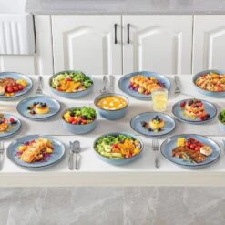 16-Piece Blue Stoneware Dinnerware Set (Service For 4) Sesame Speckles Pattern Dinner Set With Plates And Bowls -Vancasso Shop blue vancasso dinnerware sets vc loire bl sl 1f 1000