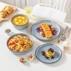 16-Piece Blue Stoneware Dinnerware Set (Service For 4) Sesame Speckles Pattern Dinner Set With Plates And Bowls -Vancasso Shop blue vancasso dinnerware sets vc loire bl sl 31 1000