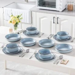 16-Piece Blue Stoneware Dinnerware Set (Service For 4) Sesame Speckles Pattern Dinner Set With Plates And Bowls -Vancasso Shop blue vancasso dinnerware sets vc loire bl sl 4f 1000