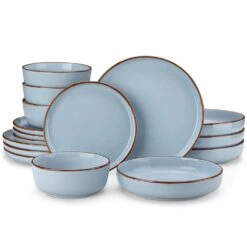 16-Piece Blue Stoneware Dinnerware Set (Service For 4) Sesame Speckles Pattern Dinner Set With Plates And Bowls