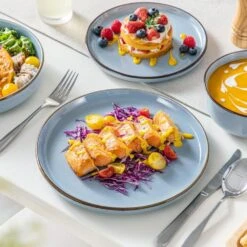 16-Piece Blue Stoneware Dinnerware Set (Service For 4) Sesame Speckles Pattern Dinner Set With Plates And Bowls -Vancasso Shop blue vancasso dinnerware sets vc loire bl sl 66 1000