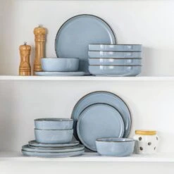 16-Piece Blue Stoneware Dinnerware Set (Service For 4) Sesame Speckles Pattern Dinner Set With Plates And Bowls -Vancasso Shop blue vancasso dinnerware sets vc loire bl sl 76 1000