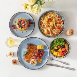 16-Piece Blue Stoneware Dinnerware Set (Service For 4) Sesame Speckles Pattern Dinner Set With Plates And Bowls -Vancasso Shop blue vancasso dinnerware sets vc loire bl sl a0 1000