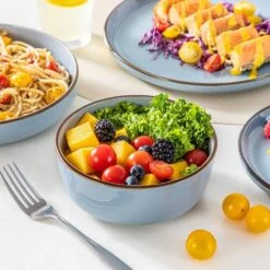 16-Piece Blue Stoneware Dinnerware Set (Service For 4) Sesame Speckles Pattern Dinner Set With Plates And Bowls -Vancasso Shop blue vancasso dinnerware sets vc loire bl sl d4 1000