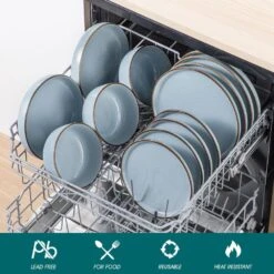 16-Piece Blue Stoneware Dinnerware Set (Service For 4) Sesame Speckles Pattern Dinner Set With Plates And Bowls -Vancasso Shop blue vancasso dinnerware sets vc loire bl sl fa 1000