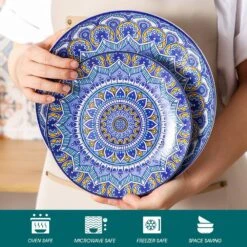 16-Piece Blue Porcelain Dinnerware Set Service For 4 Mandala Pattern Tableware Dining Set With Plates Bowls And Mugs -Vancasso Shop blue vancasso dinnerware sets vc mandala b sl 1f 1000