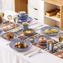 16-Piece Blue Porcelain Dinnerware Set Service For 4 Mandala Pattern Tableware Dining Set With Plates Bowls And Mugs -Vancasso Shop blue vancasso dinnerware sets vc mandala b sl 44 1000