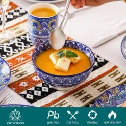 16-Piece Blue Porcelain Dinnerware Set Service For 4 Mandala Pattern Tableware Dining Set With Plates Bowls And Mugs -Vancasso Shop blue vancasso dinnerware sets vc mandala b sl 4f 1000
