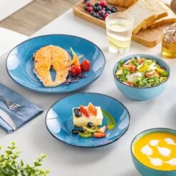 12-Piece Multi-blue Stoneware Dinnerware Set Service For 4-Tableware With Dinner Plates Dessert Plates And Cereal Bowls -Vancasso Shop blue vancasso dinnerware sets vc navia 13 f12 44 1000