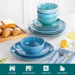 12-Piece Multi-blue Stoneware Dinnerware Set Service For 4-Tableware With Dinner Plates Dessert Plates And Cereal Bowls -Vancasso Shop blue vancasso dinnerware sets vc navia 13 f12 4f 1000