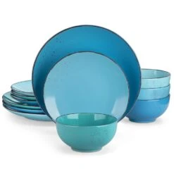 12-Piece Multi-blue Stoneware Dinnerware Set Service For 4-Tableware With Dinner Plates Dessert Plates And Cereal Bowls