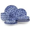 12-Piece Blue Porcelain Dinnerware Set Service For 4 White Orchid Pattern Bowls And Plates Set For Kitchen Dinning