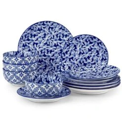 12-Piece Blue Porcelain Dinnerware Set Service For 4 White Orchid Pattern Bowls And Plates Set For Kitchen Dinning
