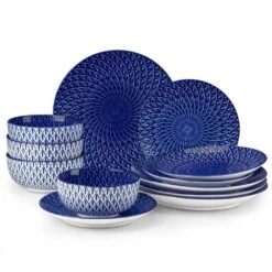 12-Piece Blue Porcelain Dinnerware Set Service For 4 Rhombus Flame Pattern Bowls And Plates Set For Kitchen Dinning