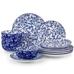 12-Piece Blue Porcelain Dinnerware Set Service For 4 Vine Flower Pattern Bowls And Plates Set For Kitchen Dinning